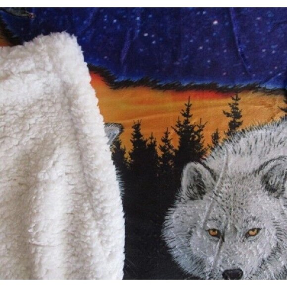 New Wolf Wolves and Moon Sherpa Gift Fleece Throw Blanket Sihouette Orange Sky - Picture 4 of 4